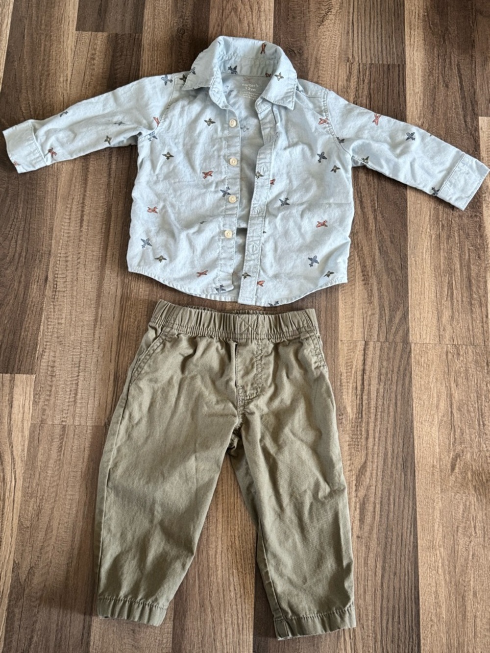 Carter’s Airplane Button-Up Shirt & Olive Pants Set - Picture 1 of 3